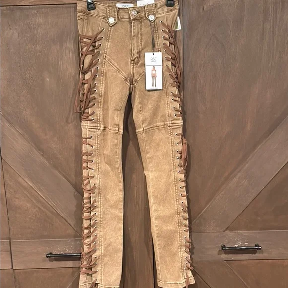 Boutique Tan Flare Pants with Lace-Up Detail - Picture 10 of 13